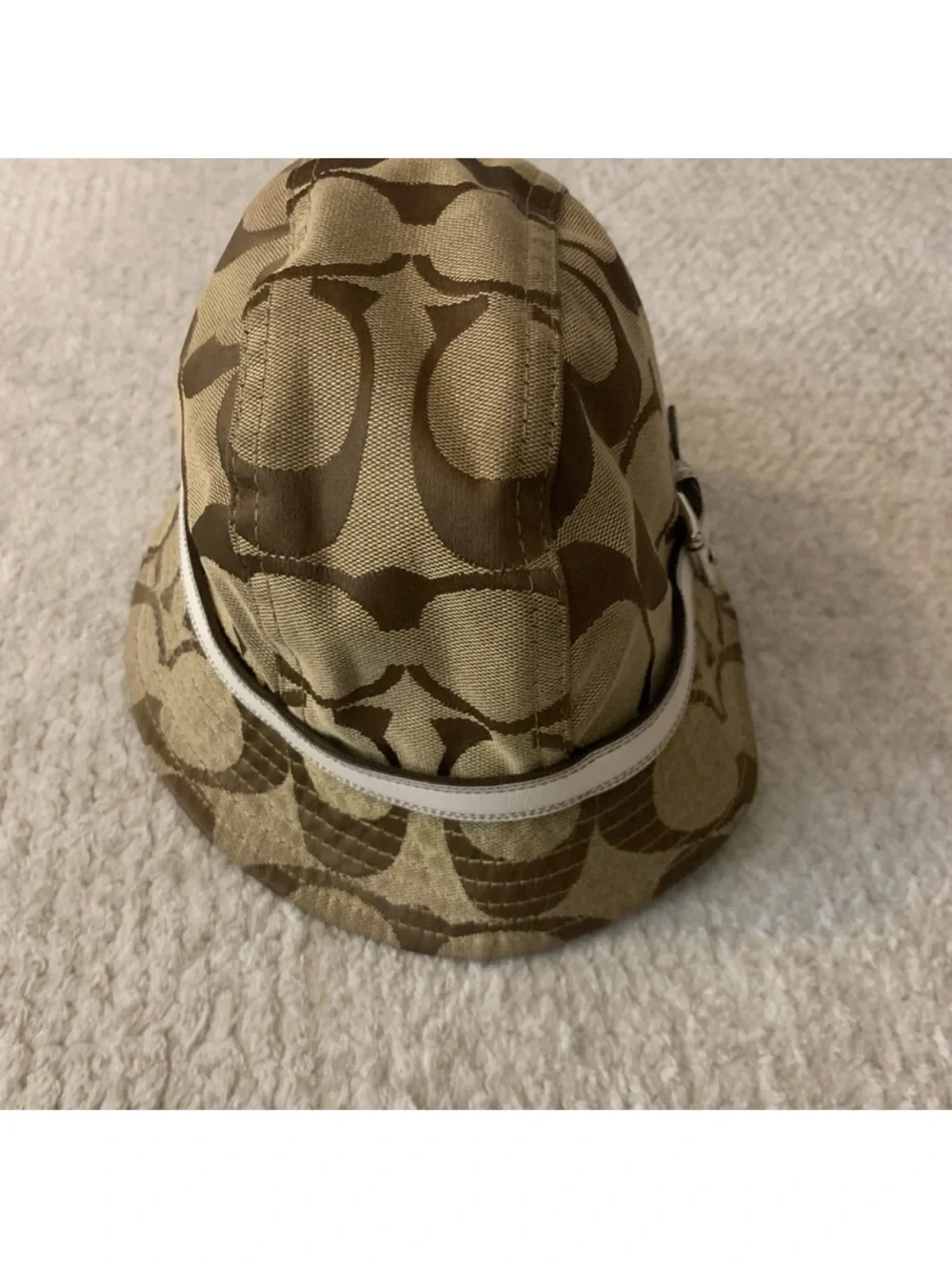Coach Tan Brown Logo Bucket Hat with White Trim Belt- Women Accessories